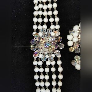 Elegant Crystal And White Milk Glass Beaded BRACELET& EARRINGS With Brass Clasp.